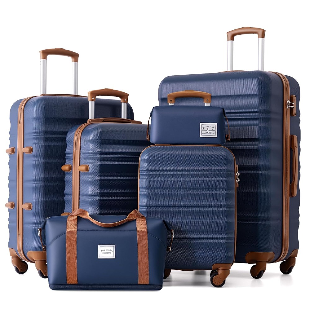 6 ピース ネイビー ABS ハードシェル 機内持ち込み手荷物セット スピナー ホイール TSA ロック トラベル スーツケース、カスタマイズ