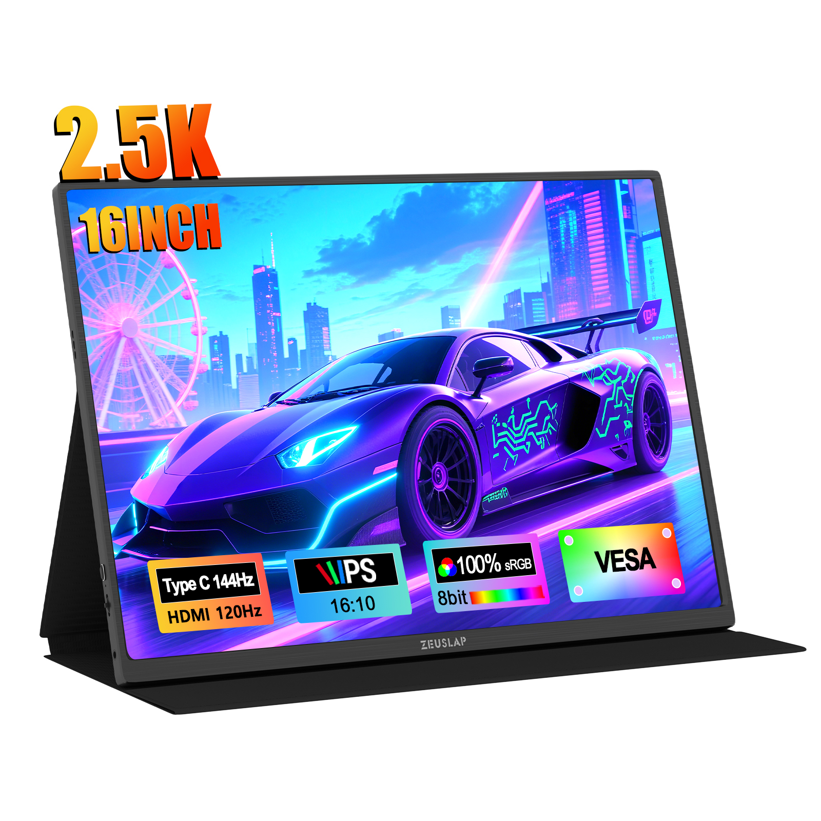 ZEUSLAP 16インチ 2.5K 144hz ポータブルモニター 2560*1600 16:10 100%sRGB 500Cd/m² トラベルゲームディスプレイ ラップトップスイッチ ps4 ps5 Xbox用