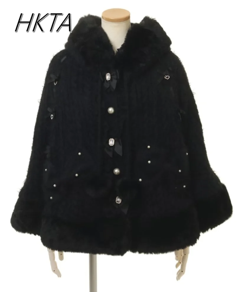 Japanese Liz Sweaters Womens Knitted Cape Cute Girl Sweet 2024 Winter Thickened Warm Cloak Rhinestone Bow Cardigan Poncho Cape