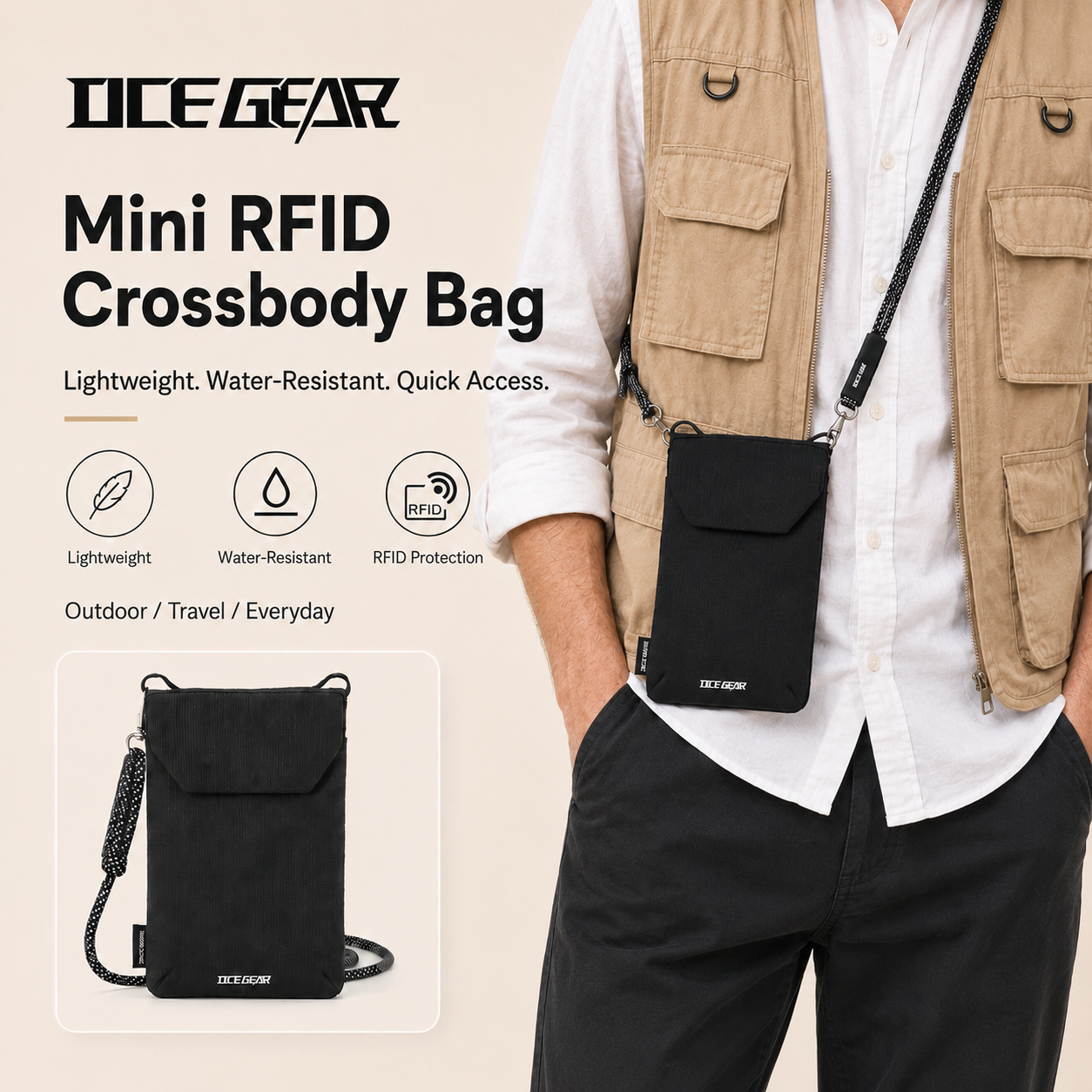 OCEGEAR ミニクロスボディバッグメンズカジュアル電話バッグ旅行小型ショルダーバッグ男性ライトスリングバッグチェストパックメッセンジャーバッグ
