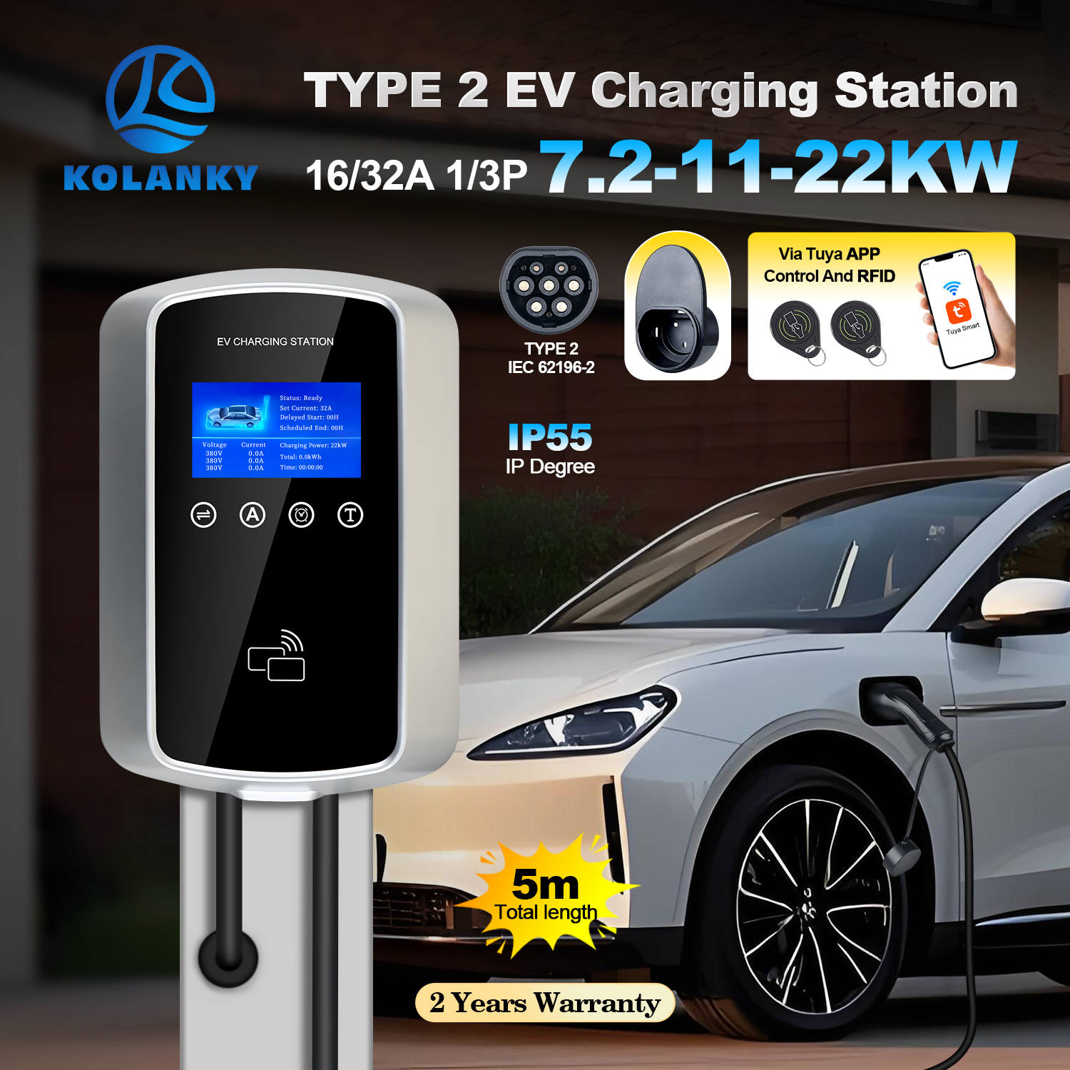 Kolanky EV 充電器 32A 7.2KW 電気自動車車の充電器 EVSE ウォールボックス 11KW 22KW 3P Type2 ケーブル IEC62196-2 ソケット APP 制御