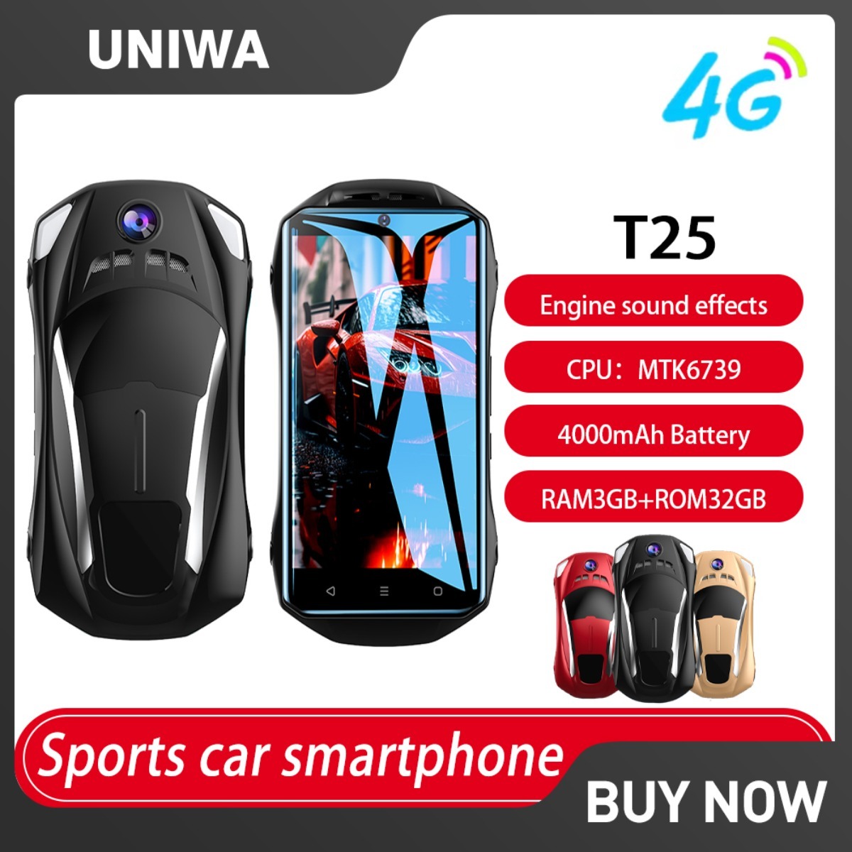 UNIWA T25 4G スタイリッシュなスマートフォン エンジン音 スポーツカー外観 4.5インチ Android 8.1 デュアル SIM 3GB 32GB 4000mAh Whatsapp 携帯電話