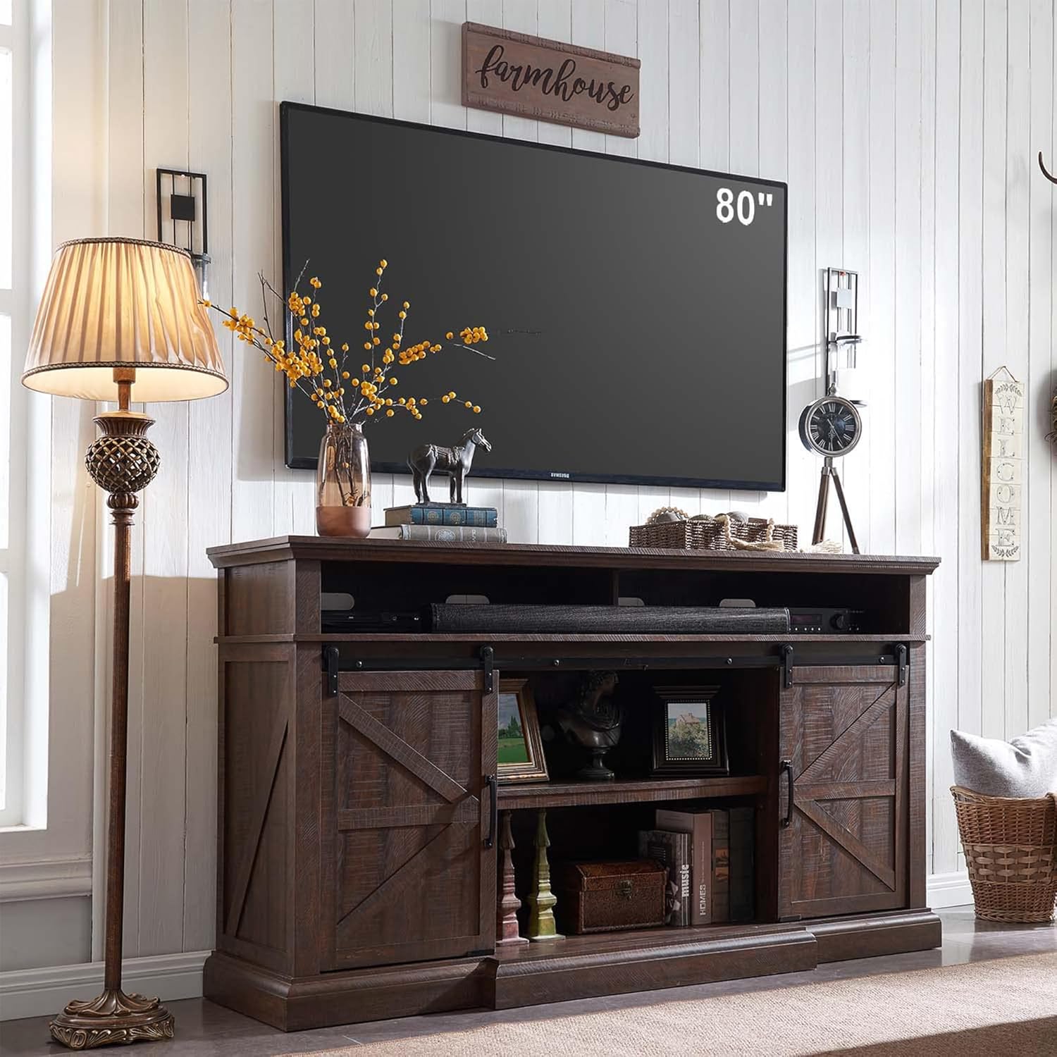 ファームハウス TV スタンド 80 インチ テレビ用、高さ 37.4 インチ エンターテイメント センター、収納キャビネットとスライド納屋ドア付き、メディア、カスタマイズ