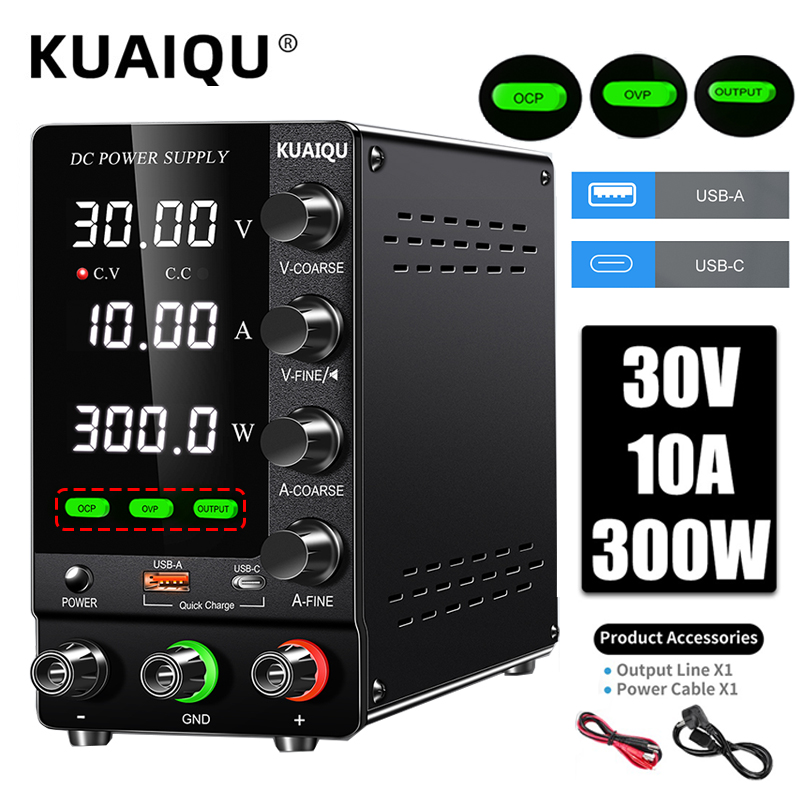 KUAIQU 2024 最新型 OCP OVP DC 調整可能ラボ用電源 30V 10A 5A 出力スイッチ USB-A TYPE-C ポート 急速充電 120V