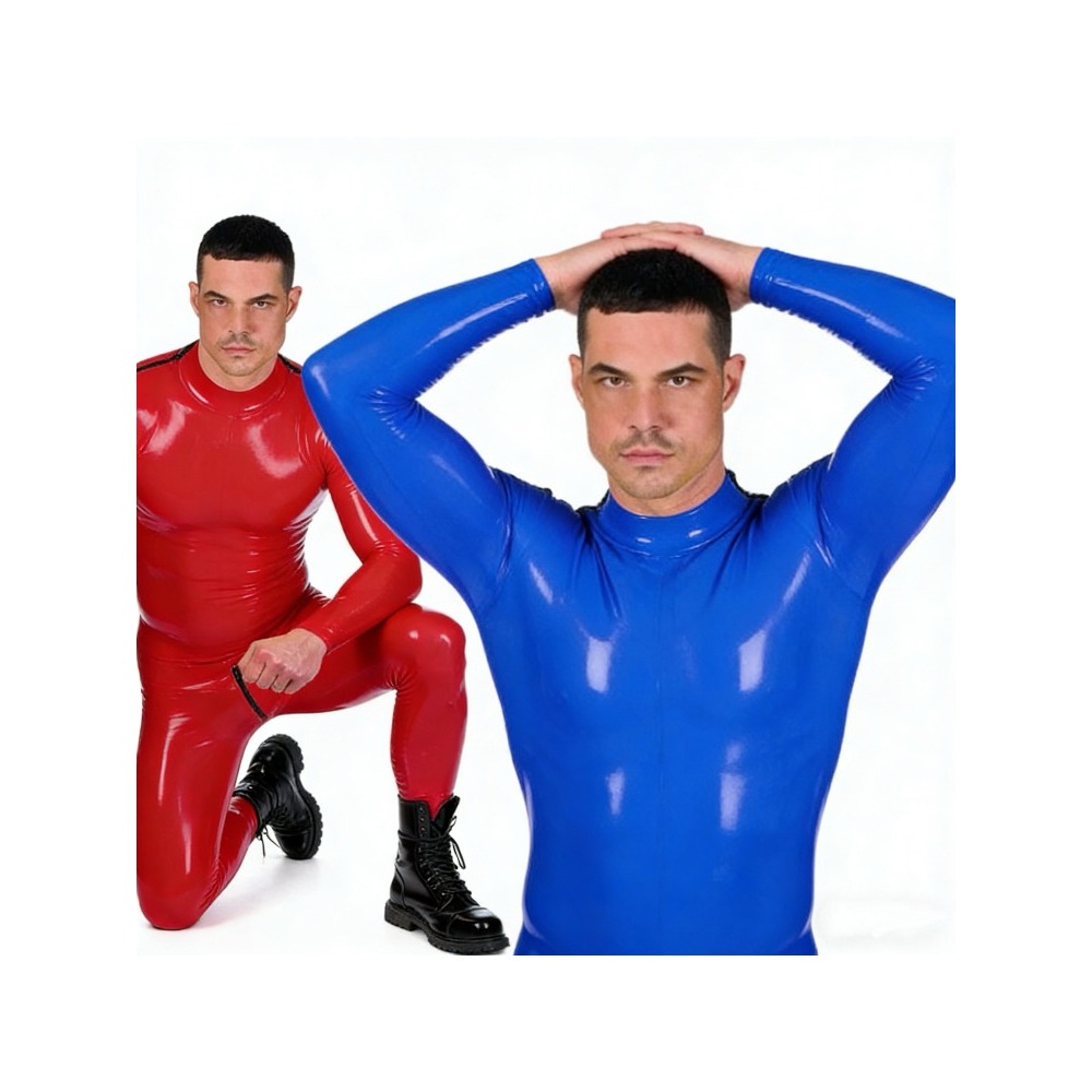 ウェットルックフェイクレザー PVC キャットスーツ長袖サイドジップユニタードカスタム手作りボディスーツ男性と女性ユニセックスラテックススーツフードなし