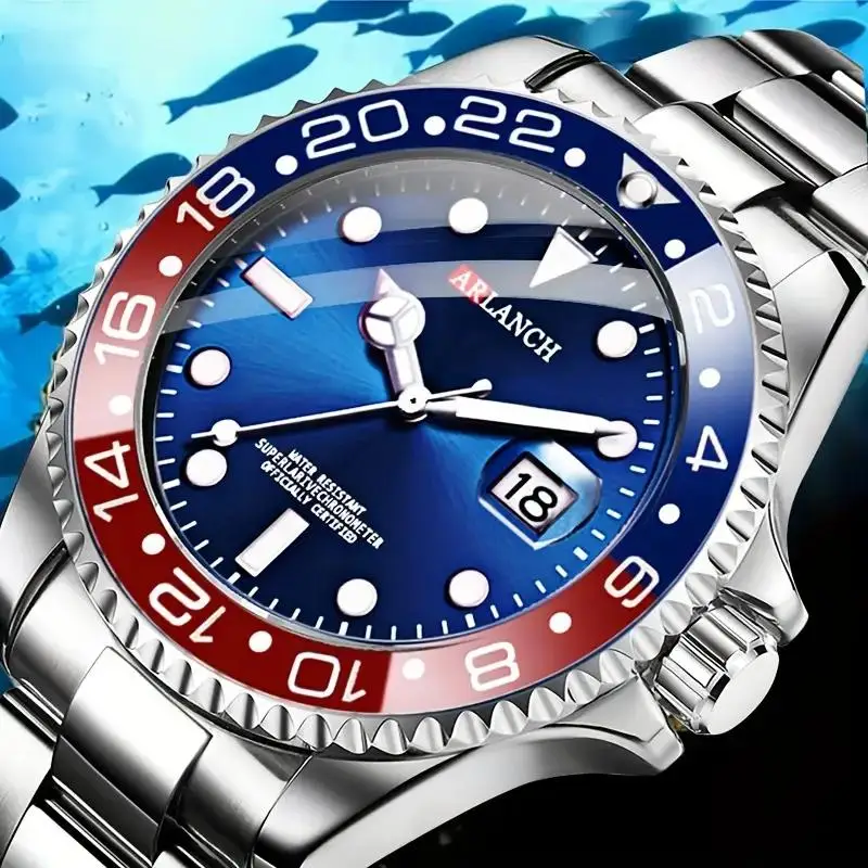 ビジネスステンレススチール時計 40 ミリメートルクラシックレッドブルーサークルダイビングシリーズ虫眼鏡カレンダークォーツ時計モントルオム