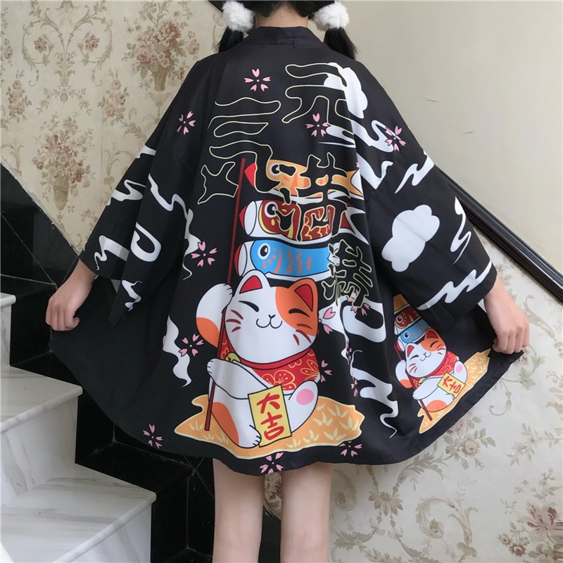日本の着物伝統的なアニメ着物招き猫女性カーディガン夏のビーチ浴衣男性女性羽織アジア服 FF3420