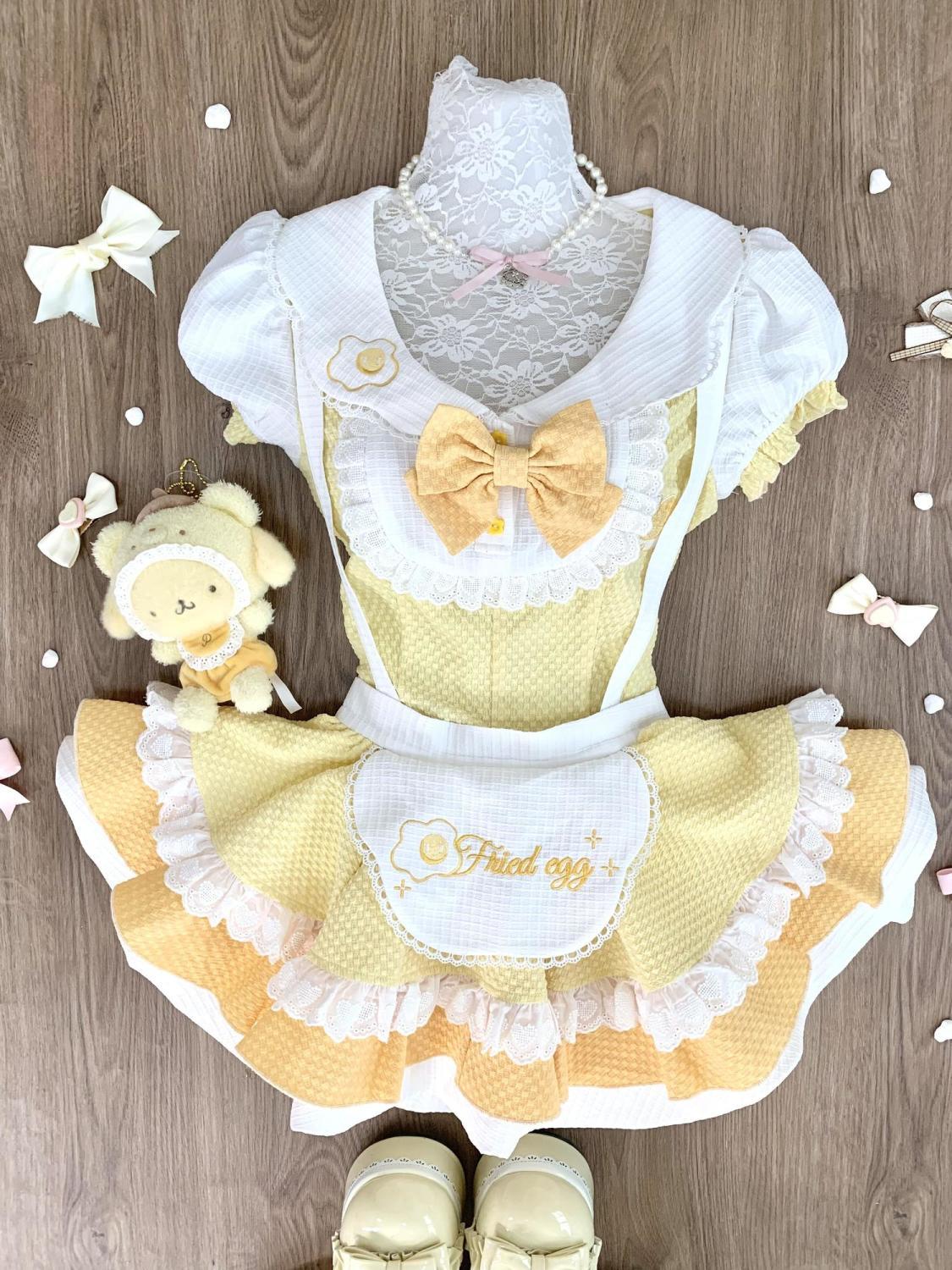 2025 College Style Sweet Cute Cream Yellow Bow Puff Sleeve Top Strap Cake Skirt Two-Piece Sets Women Outfits Lolita Chic Fashion