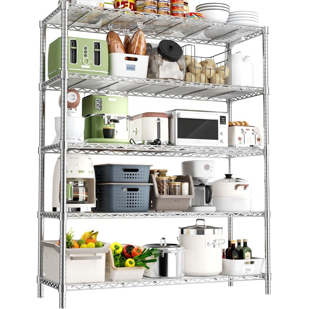 48L x 20W x 72H ガレージ、キッチン、保管用の頑丈な5段ワイヤーシェルフ - 耐荷重2000ポンド