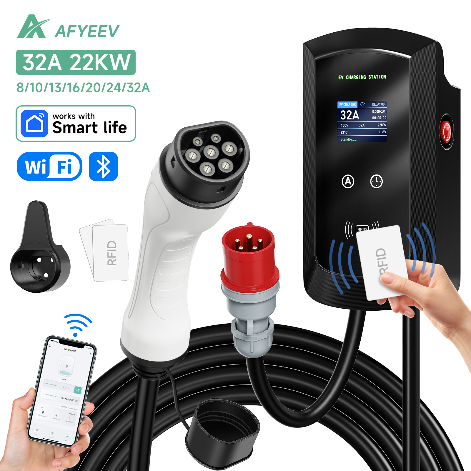 AFYEEV 32A EV 充電ステーション 22KW 3 相電気自動車車の充電器 11KW Type2 IEC62196-2 EVSE ウォールボックス APP 制御 5 メートルケーブル