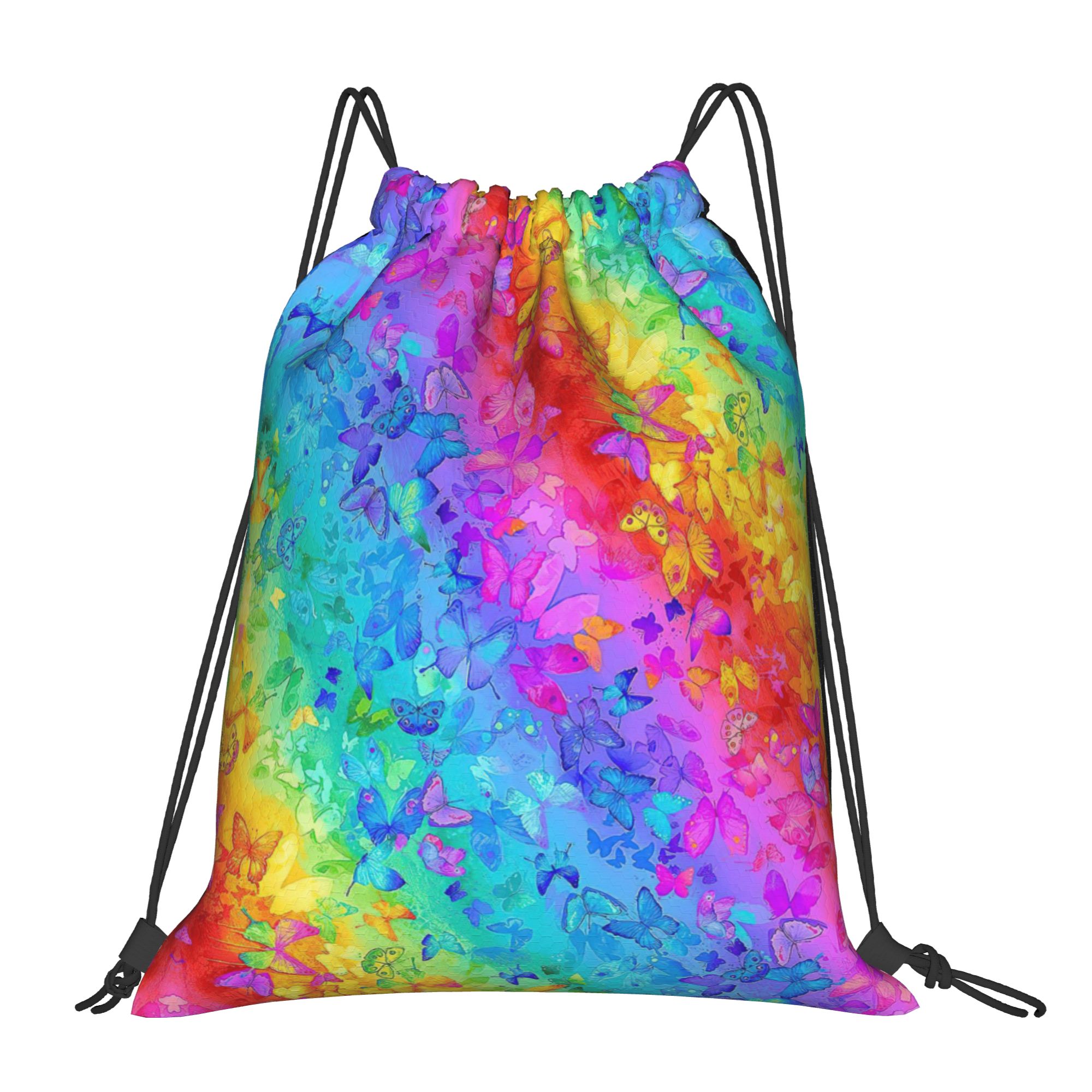Lgbt プライド 巾着バックパック ジム スポーツ サックパック 防水 レインボー バタフライ ストリング バッグ ヨガ用 36cm (幅) x 43cm (高さ)