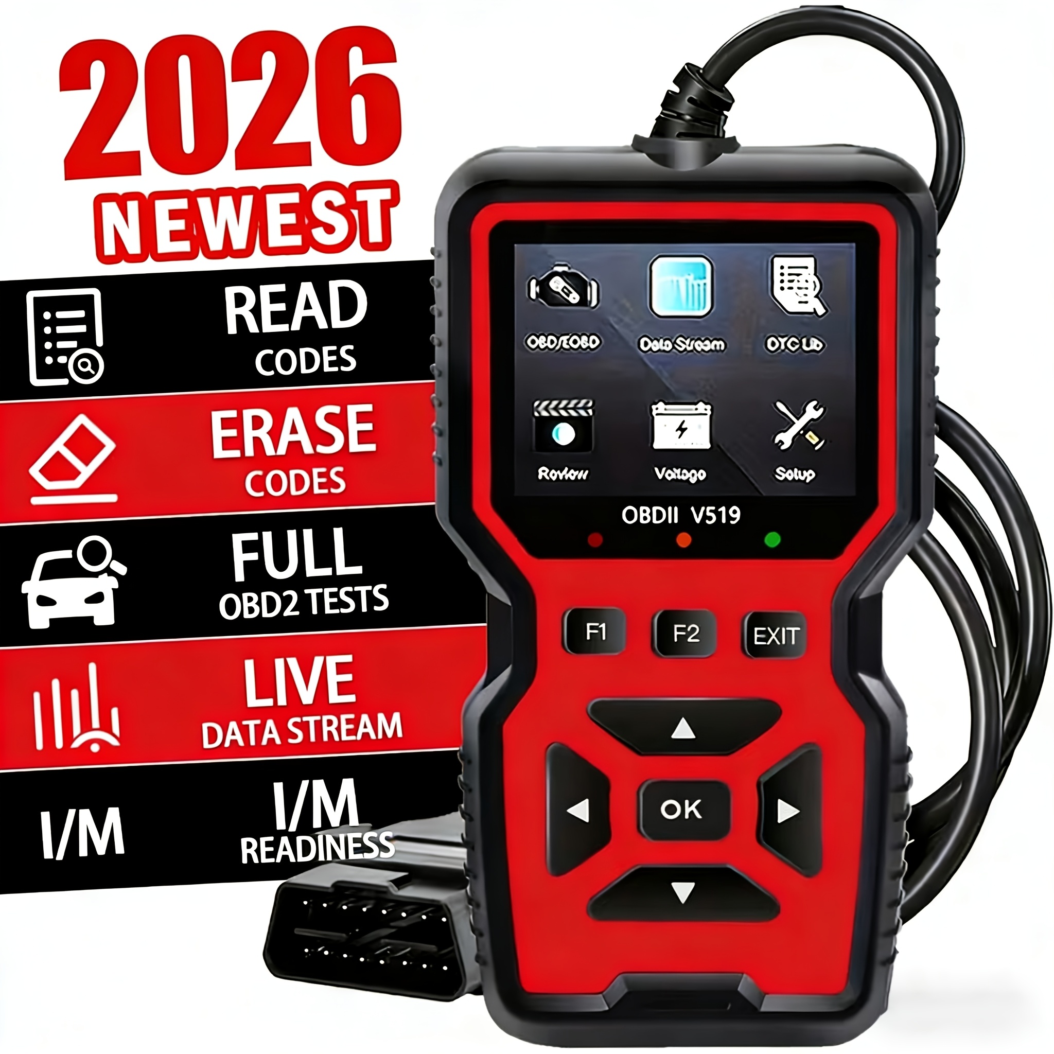 2026 V519 プロフェッショナル Obd2 スキャナー - リアルタイム データ ストリームを備えた USB 電源の自動車診断ツール、フル機能の Obd II テスト (I/M 対応、Bod2/Eobd)、エンジン障害ライトのクリア、読み取り/消去 C