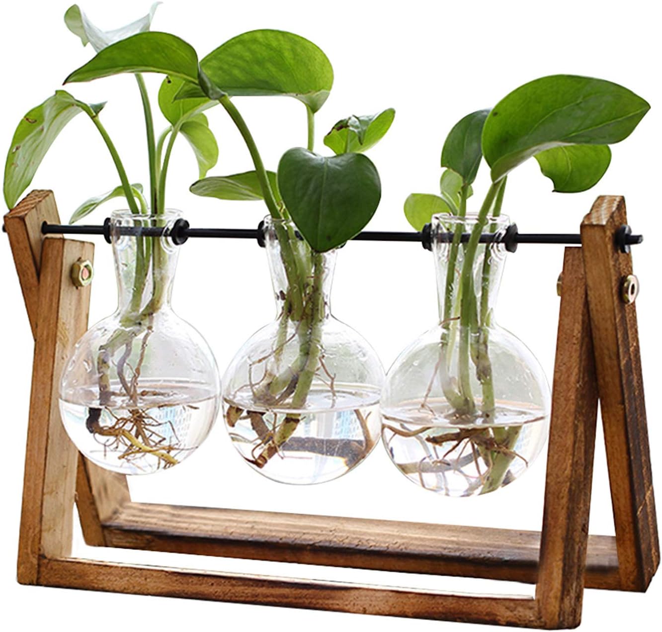 木製スタンド付き植物テラリウム、エアプランター電球ガラス花瓶金属スイベルホルダーレトロ卓上水耕栽培家庭菜園用