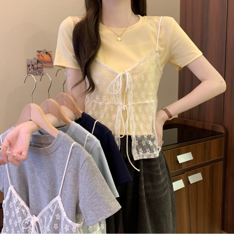 夏の新スタイル韓国レイヤードレースミニストラップ無地シンプルカジュアル多用途 Tシャツ真のツーピース快適なニット