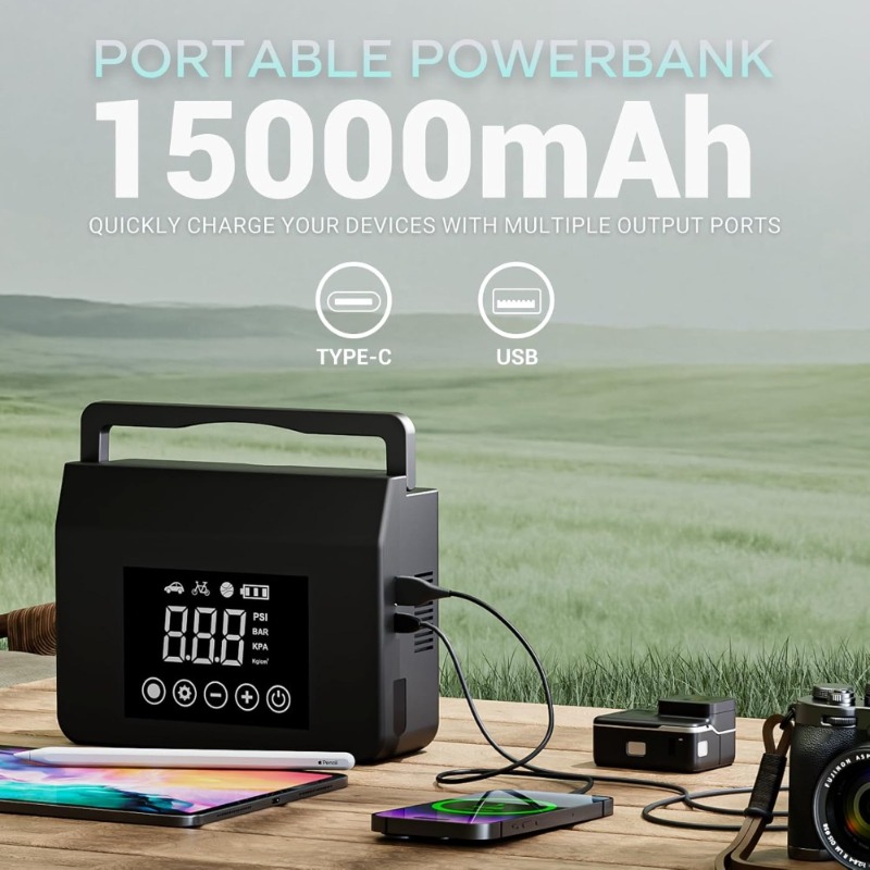 ポータブルジャンプスターター エアコンプレッサー付き 150PSI 12V 車のバッテリーブースター すべてのガスディーゼルエンジン用 15000mAh パワーバンククイック