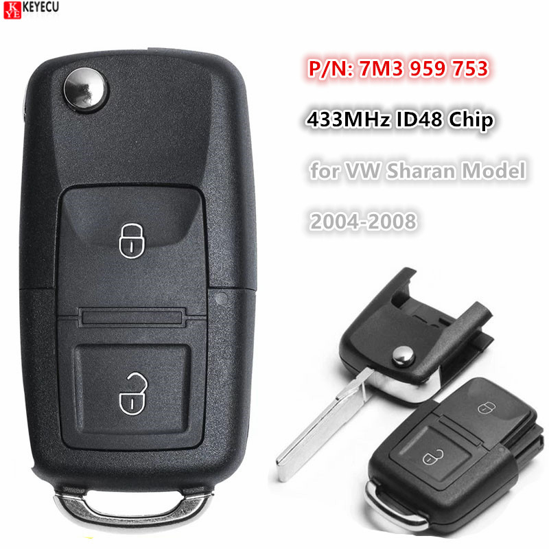 KEYECU VW シャランモデル 2004-2008 7M3 959 753 433MHz 新 2 ボタン折りたたみフリップリモートキー 7M3959753 ID48 チップ HU66 ブレード