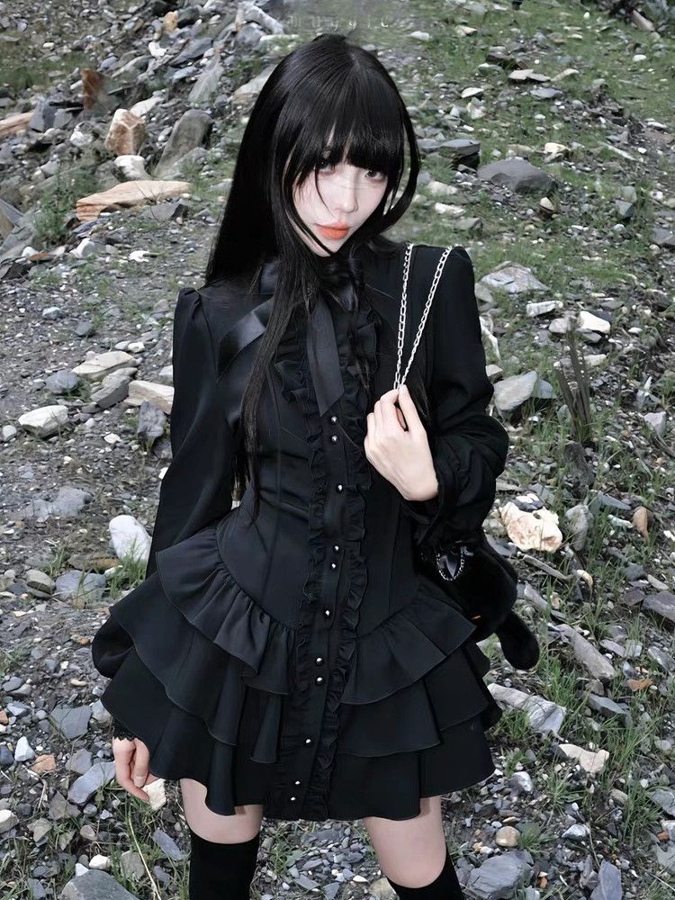 ゴシックヴィンテージレース Y2k ミニドレス女性デザインストリートブラックロリータスリムドレス長袖エレガントドレススパイシーな女の子