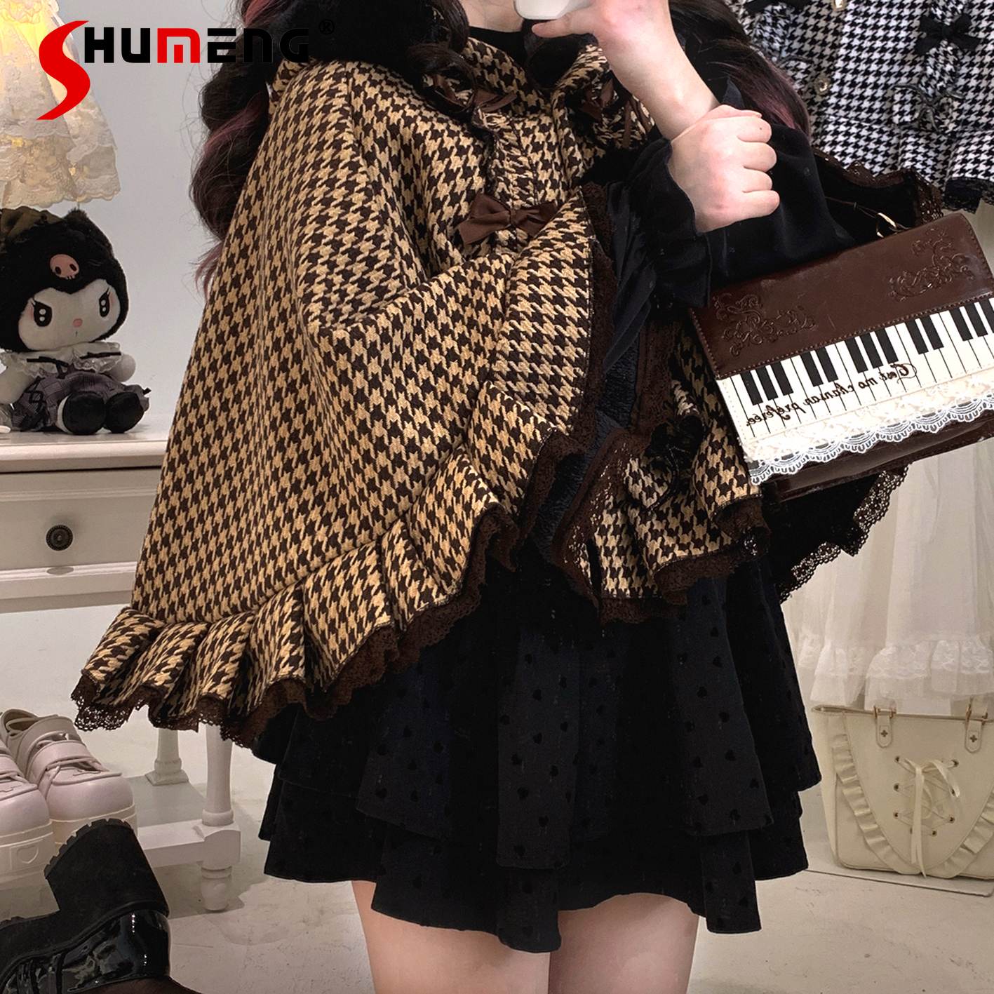 オリジナル鉱山ブラウンチェック柄ロリータフード付きマント冬新女の子のかわいい弓ぬいぐるみ暖かい Y2K ケープポンチョ日本ショートジャケット 2025