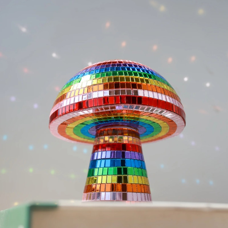 Hand-Sprayed Rainbow Shatterproof Disco Ball Mushroom Decor - Glitter Glass Table Centerpiece for Christmas, Parties