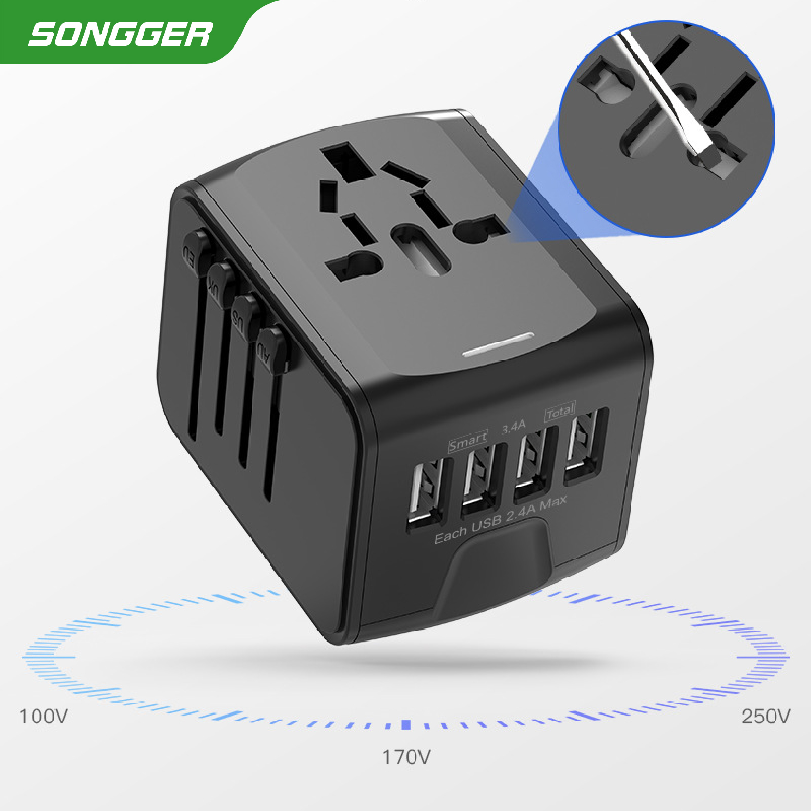 ユニバーサルトラベルアダプタワールドワイドプラグコンバータAC100-240V国際電源アダプタ2000W 4 USBポートホームトラベル