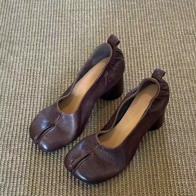 レトロ分割つま先ハイヒールブロックヒールシングルシューズ女性スリップオンライト口気質ブロックヒールメアリージェーン靴