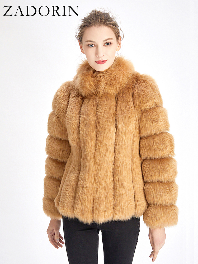 ZADORIN ファッション冬のジャケットの女性のフェイクファーコート高級厚く暖かいスタンドカラーストライプの毛皮のジャケット女性のためのフェイクファーコート