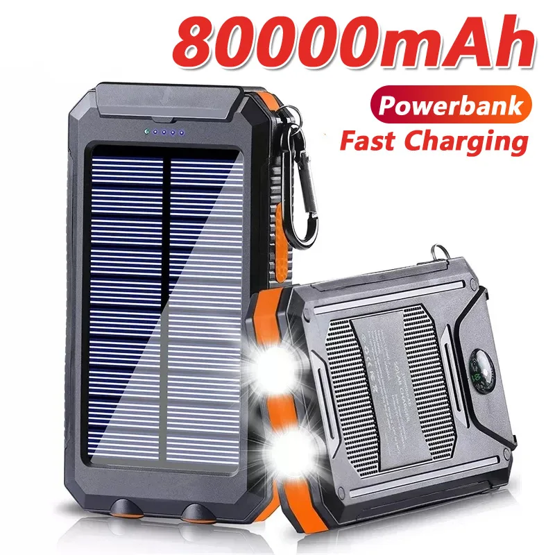 太陽光発電銀行 80000mAh ポータブル充電 Poverbank 外部バッテリー充電器強力な光 LDE ライトすべてのスマートフォン用