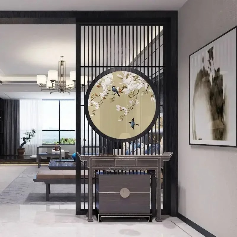 新しい中国風のリビングルームパーティション玄関中空彫刻無垢材エントリー透明糸絵画画面カスタマイズ