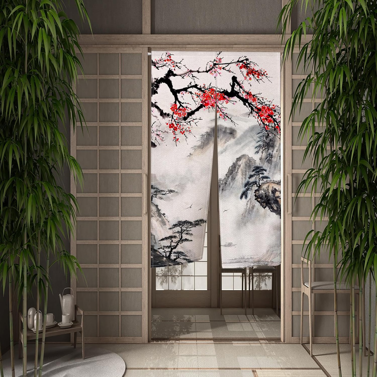 Chinese Shanshui Door Curtain Noren Japanese Doorway Curtain Japanese Style Asian Window Treatment Door Tapestry Hanging for
