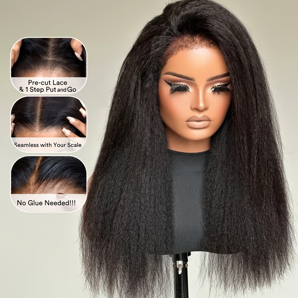 キンキー ストレート ヘアウィッグ、5x5 接着剤不使用の高精細透明レースフロント - 接着剤不使用ウィッグ、自然な外観、密度 200%
