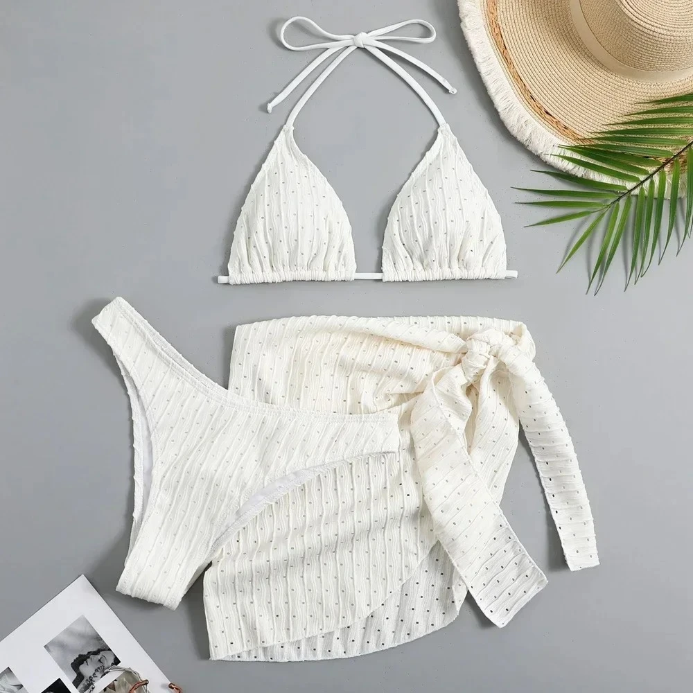 Trendy Women's 3 Piece Halter Bikini Set Sexy Thong Swimsuit Summer Bathing Suit Cover Up Thong Swimwear Biquini Brasileiro