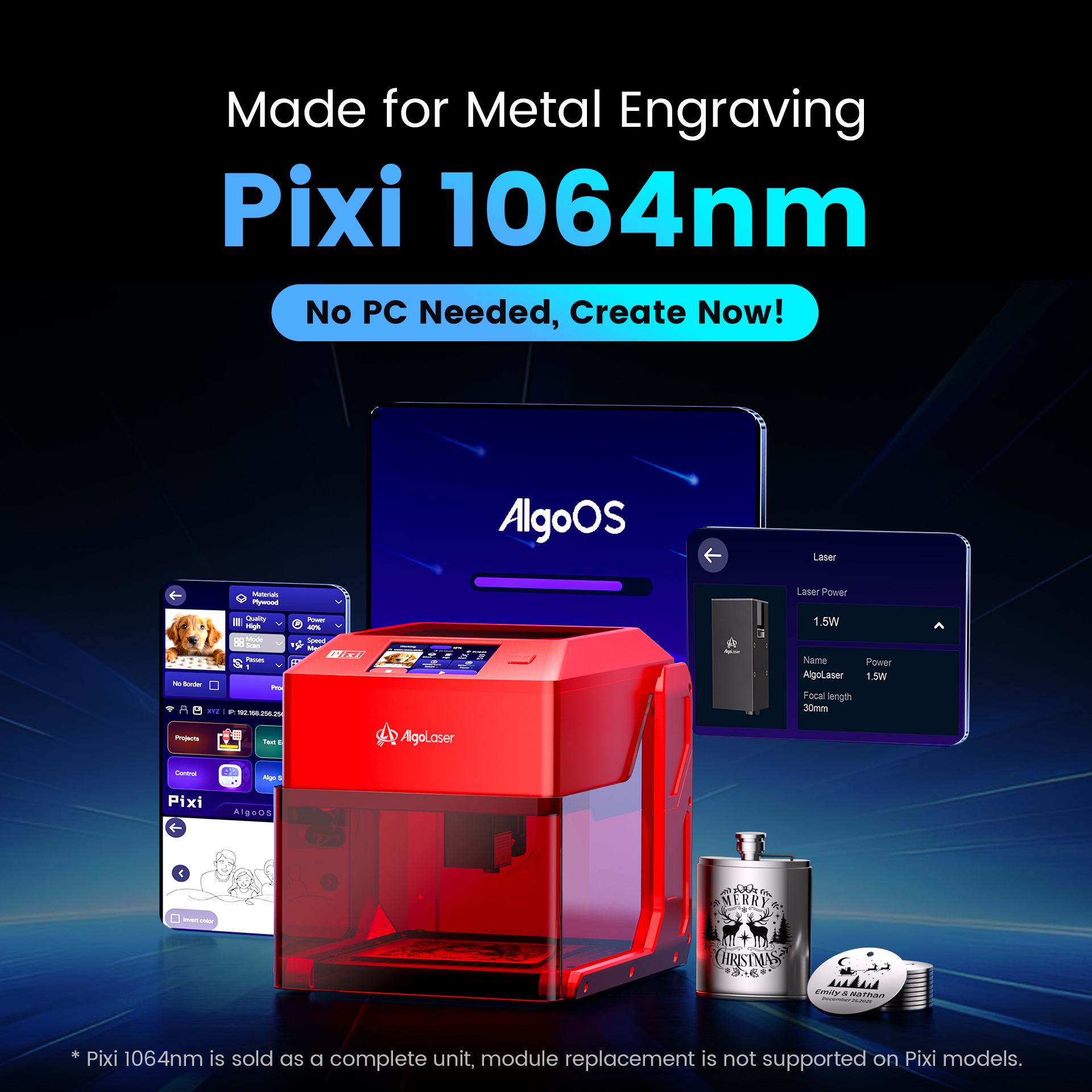 AlgoLaser PIXI 1064nm1W Wifi オフライン制御付き 1064nm 赤外線レーザー彫刻機 ABS 鋼ゴールドシルバージュエリーリングブレスレット用
