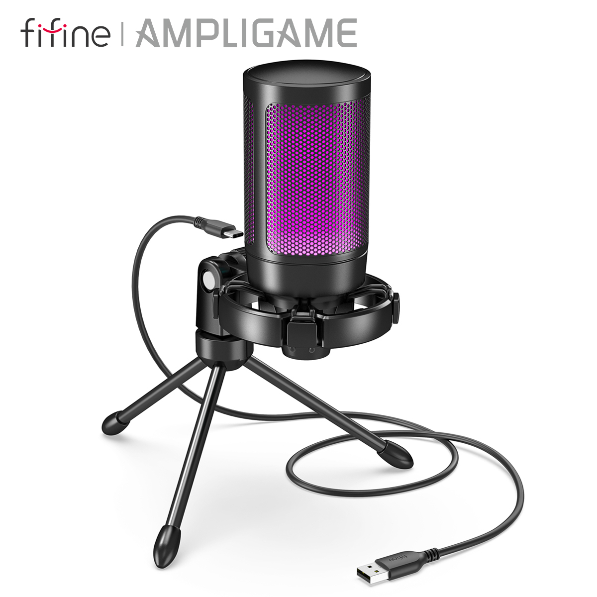 AmpliGame by FIFINE RGB USB ゲーミングマイク、ライトタッチミュート付き、コンデンサーマイク、三脚付き PC、PS4/5、ラップトップストリーミング-A2