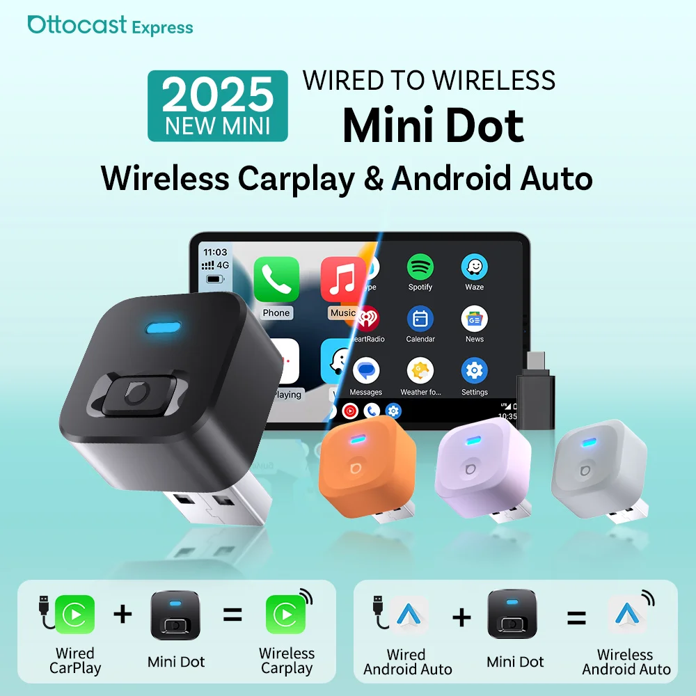 Ottocast Mini Dot Express 2 in 1 ワイヤレス CarPlay Android 自動アダプター プラグプレイ高速接続 USB ドングル ベンツ アウディ トヨタ用