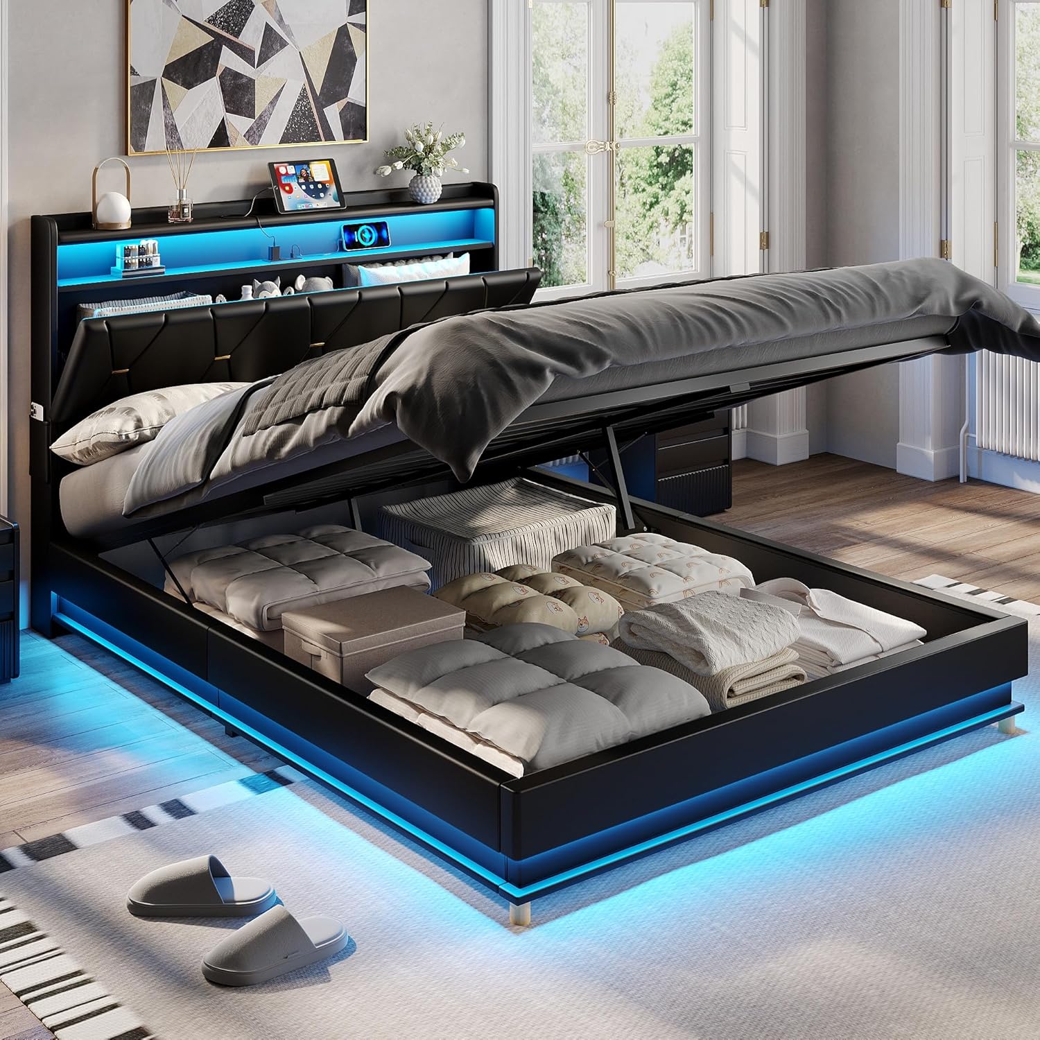 充電ステーション LED ライト付きツイン布張り収納プラットフォームベッドリフトアップヘッドボードボックススプリングなし、カスタマイズ