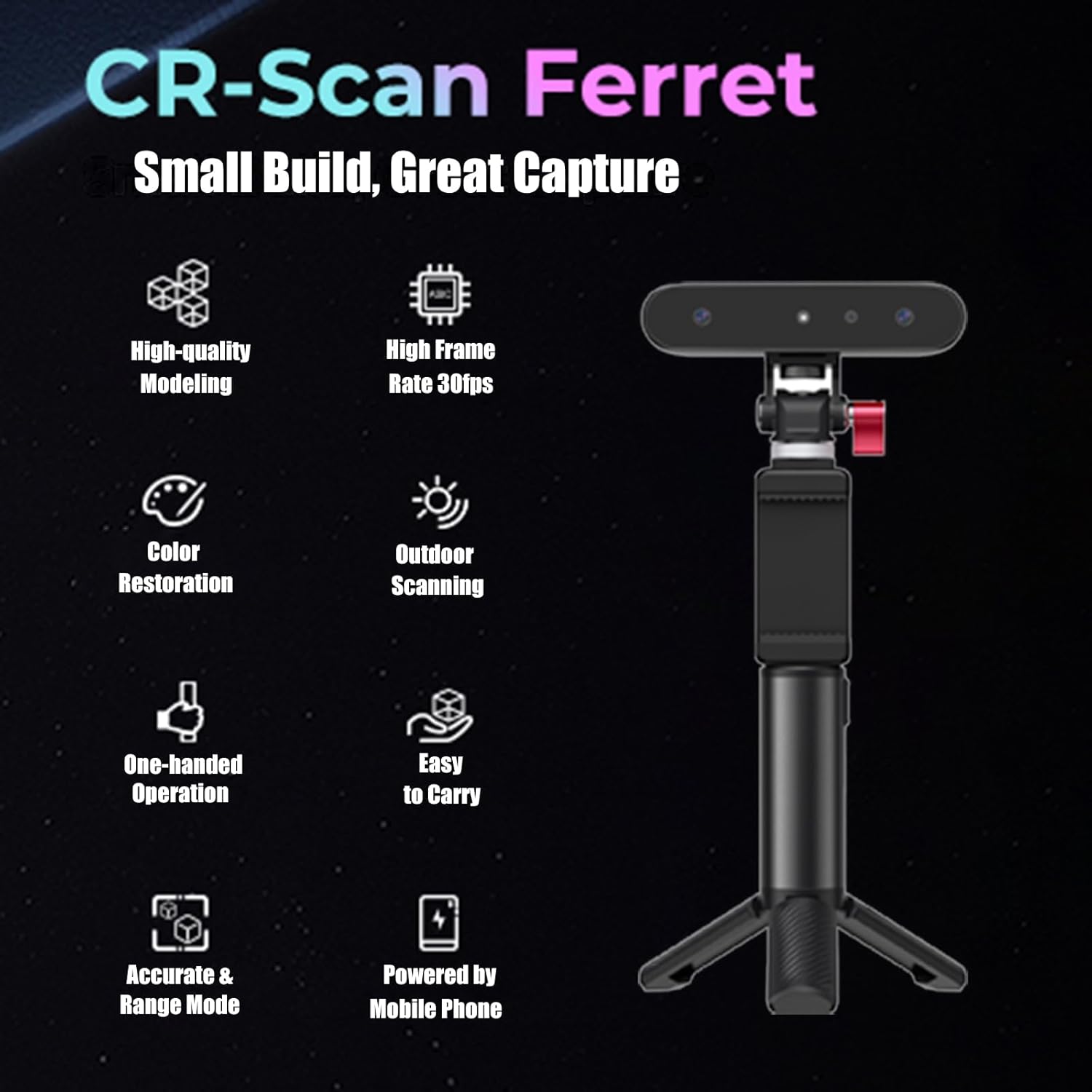 Creality CR-Scan Ferret 3D スキャナー、0.1mm 精度、デュアルモードスキャン、30 FPS 高速スキャン速度のアップグレードハンドヘルドスキャナー