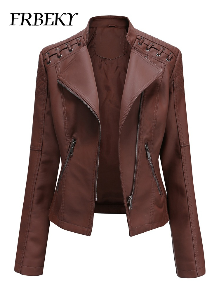 Spring Autumn Short Section Long Sleeve Zipper Jacket Slim Faux Leather Jacket Casual Solid Color Fashion Jacket Loose Outwear