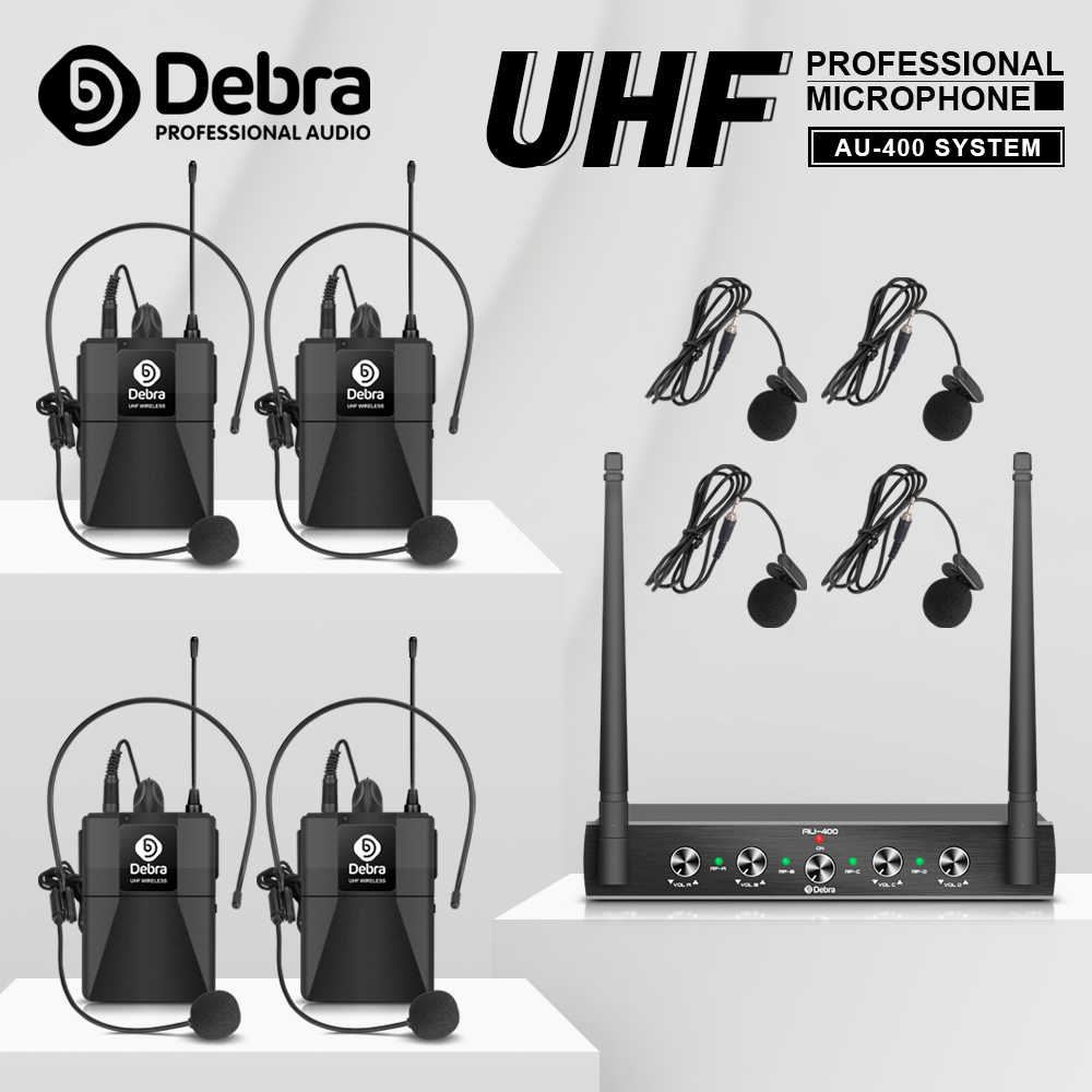 Debra Audio Pro UHF 4 チャンネルワイヤレスマイクシステム 4 ボディパックラベリアヘッドセットポータブルマイク付きカラオケ教会パーティー用