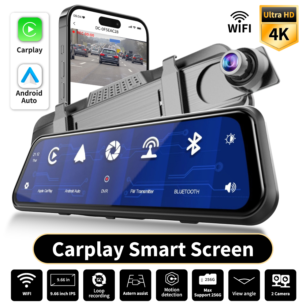 Carplay 9.66インチタッチスクリーン音声コントロール付き4K UHDデュアルダッシュカム