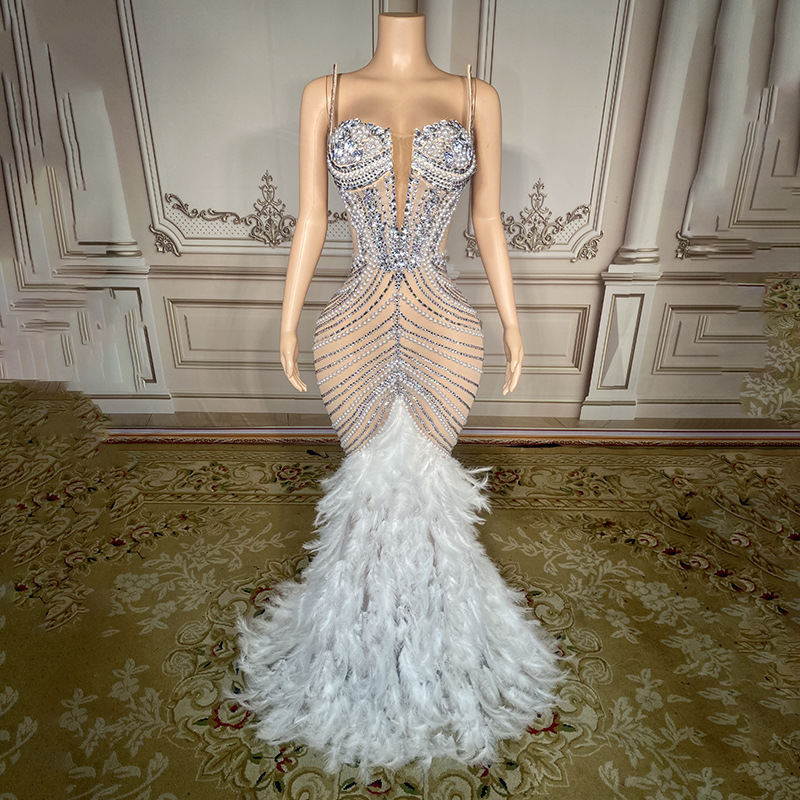 高級ファッションブラックフェザーテールダイヤモンドドレス女性服祝うレッドカーペットホストドレス誕生日パーティードレス