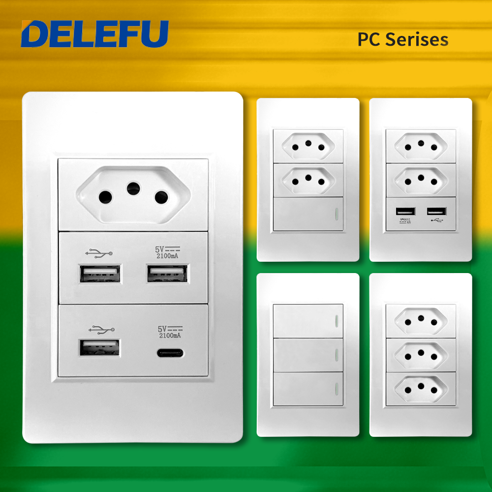 DELEFU ホワイト PC パネルブラジル標準コンセントダブル USB タイプ C 壁電源ソケットスイッチ Tuya Wifi 10A 20A 118x72mm
