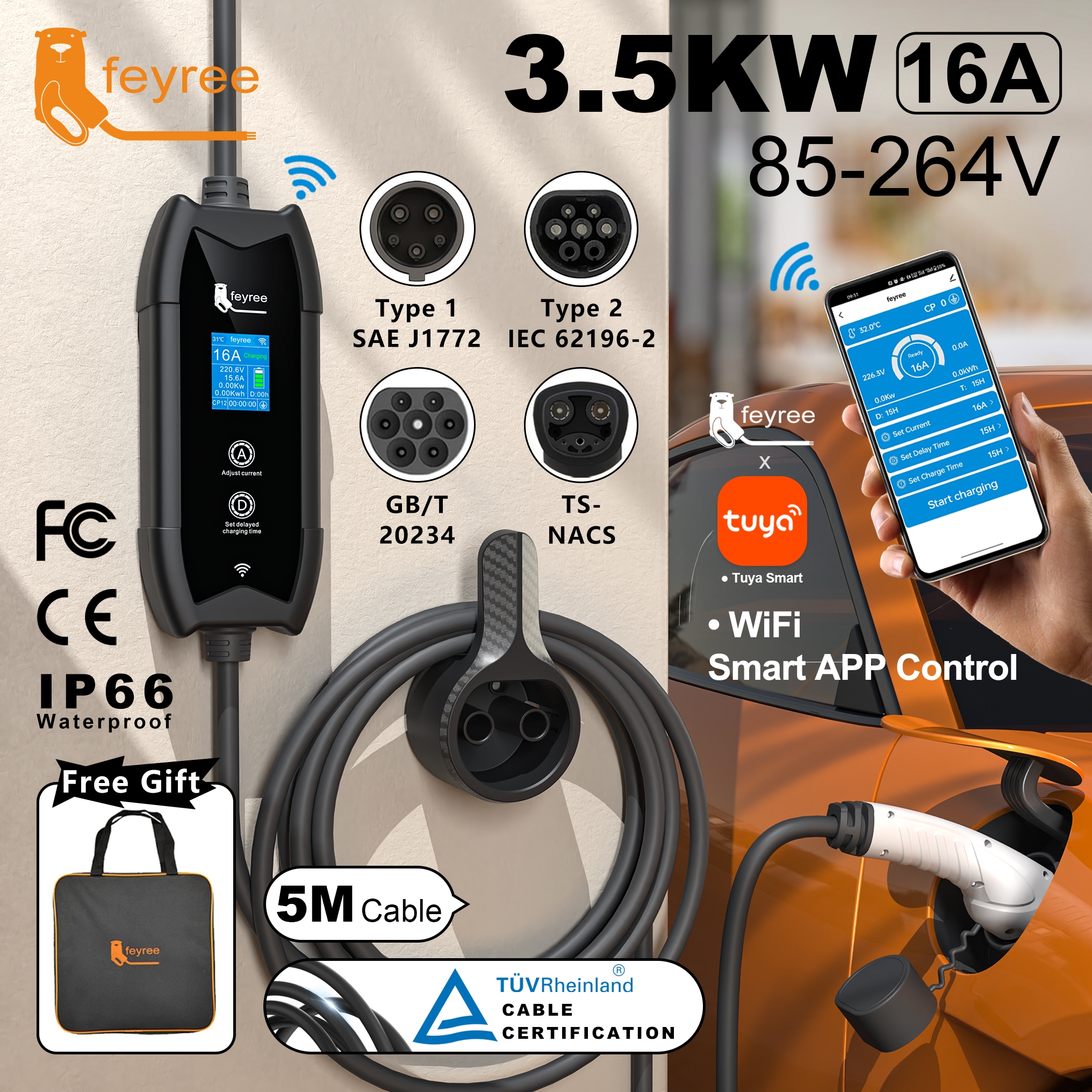 Feyree Type2 EV Charger WIFI APP Control 16A 3.5KW GBT 5M Cable Type1 Portable Charging Box Set Charging&DelayTime for EV Cars