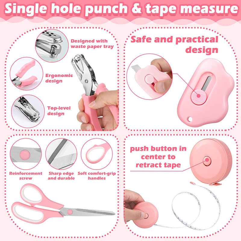 Bview Art 10 Piece Pink Tape Remover Dispenser Paper Clips Scissors Desk Accessory Kit for Office Desk Accessories