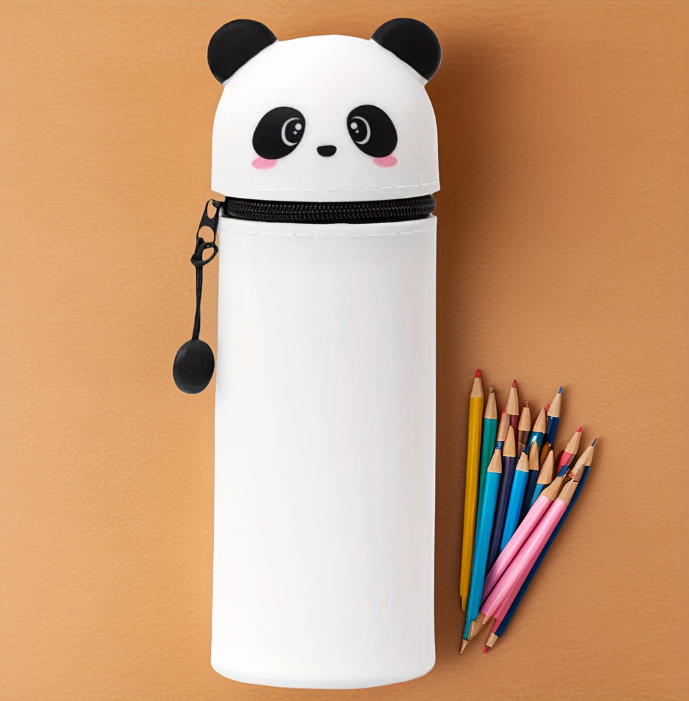 かわいいパンダのシリコン製ペンケース 1個、ジッパー付き2in1ソフトペンホルダー、ホワイトアニマルデザイン、学校やオフィス用品