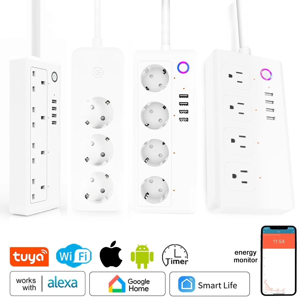 スマートソケット WiFi 電源ストリップ マルチプラグ 4 プラグ 4 USB ポート Alexa Google Home スマートホーム Tuya スマート SmartLif と互換性あり