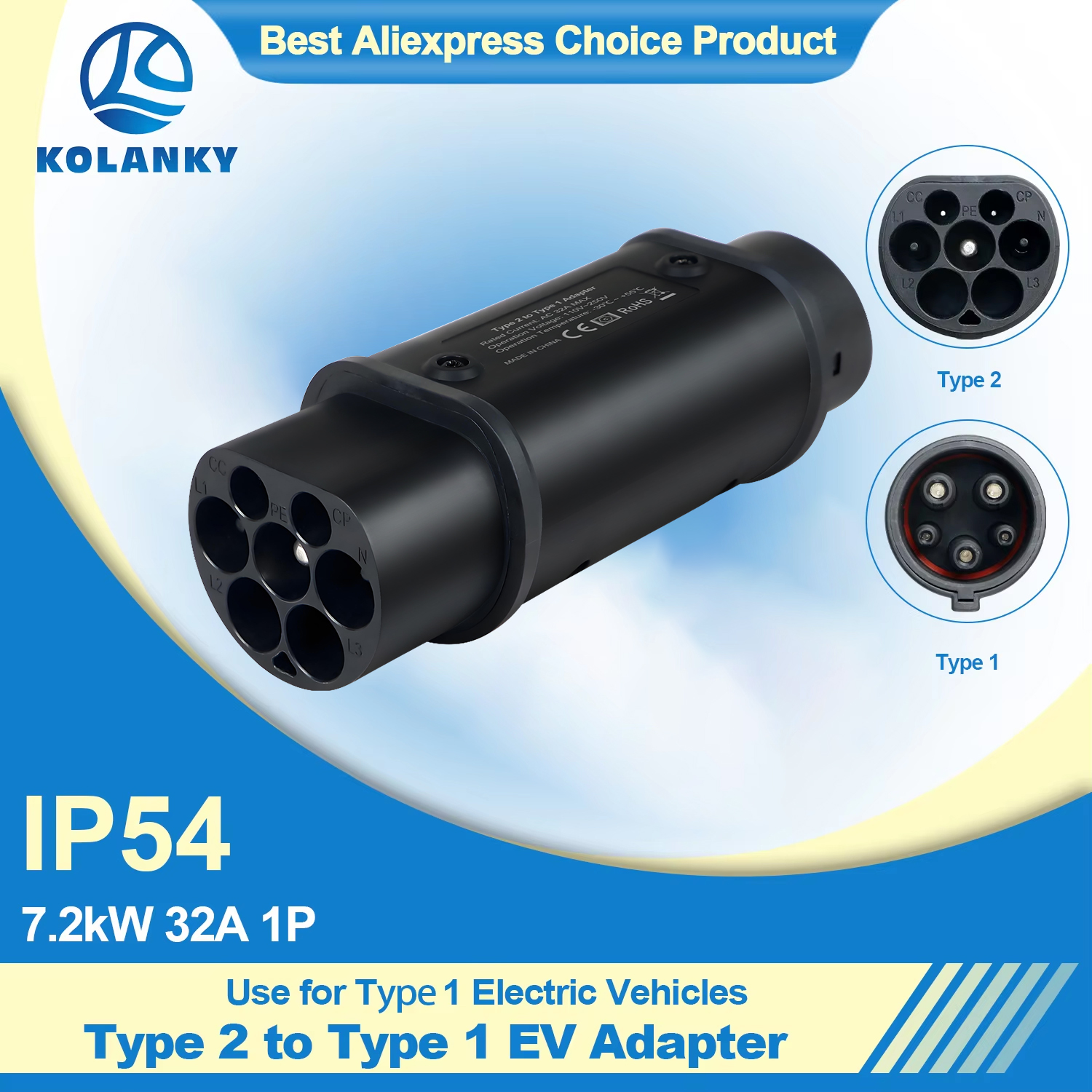 タイプ 2 からタイプ 1 EV アダプターポータブル EV 充電器アダプター 7.2KW 32A 1P EV コネクタ AC J1772 タイプ 1 電気自動車充電用