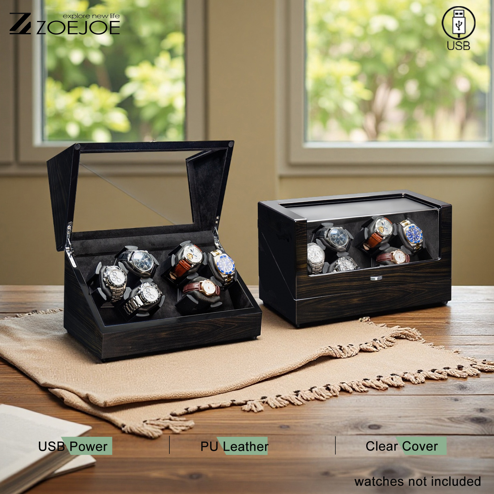 ZOEJOE 6 0 自動時計用ウォッチワインダー USB 電源 PU レザー静音モーター時計収納ボックス メンズ レディース 機械式時計用