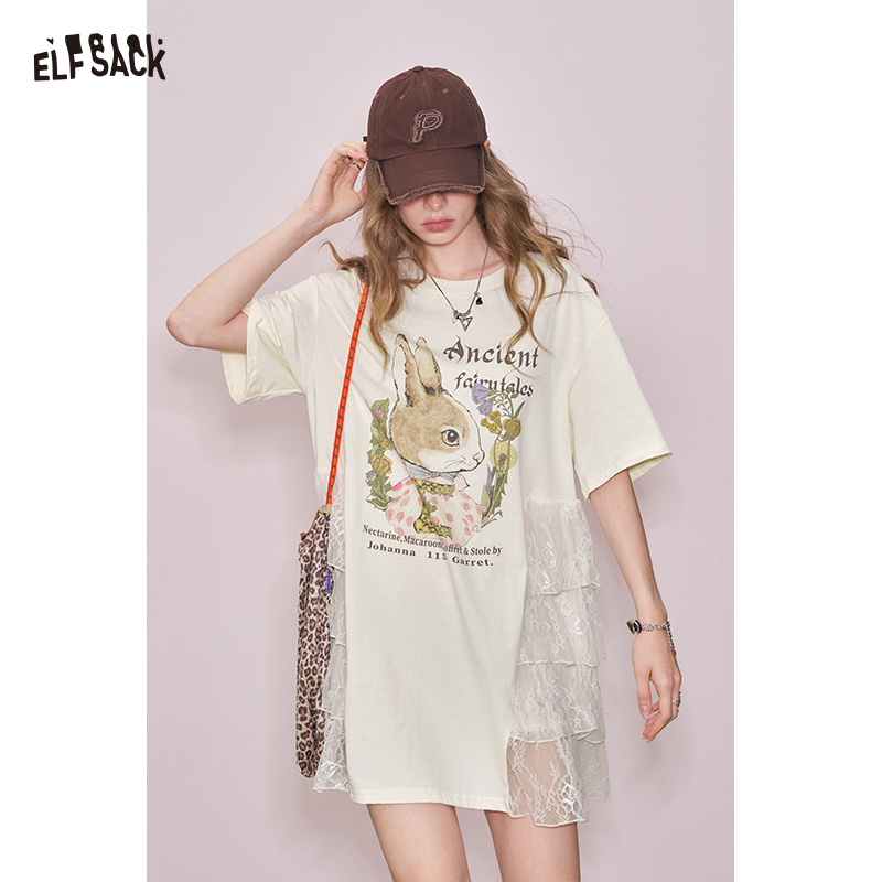 ELFSACK レースフリルディテール付きヴィンテージバニープリントドレス、女性用グラフィック T シャツドレス、ルーズミニサマードレス