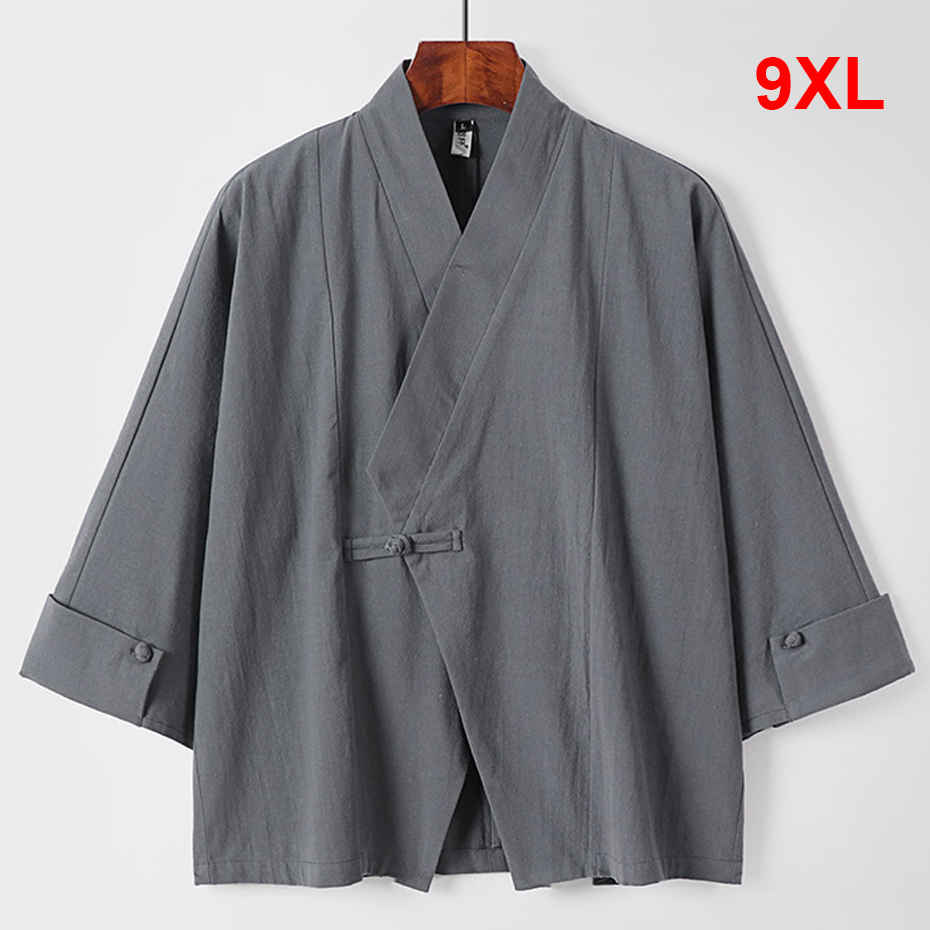 夏リネンシャツ男性 9XL プラスサイズ着物シャツファッションカジュアル無地シャツビッグサイズ 9XL