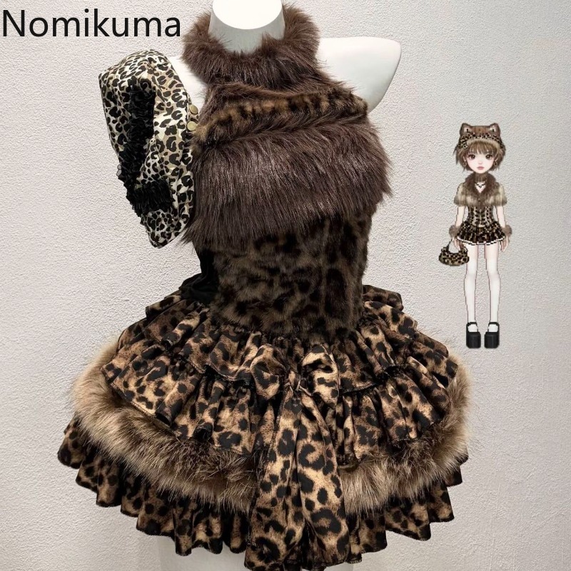 女性ツーピースセット背中の開いたクロップトップスパッチワーク弓フリルミニスカート衣装 Y2k 服ファッションヒョウ柄セクシーなスーツ